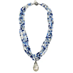 191-14-S | 5-STRAND MIX BLUE CRYSTALS W/ WILD PEARL DROP