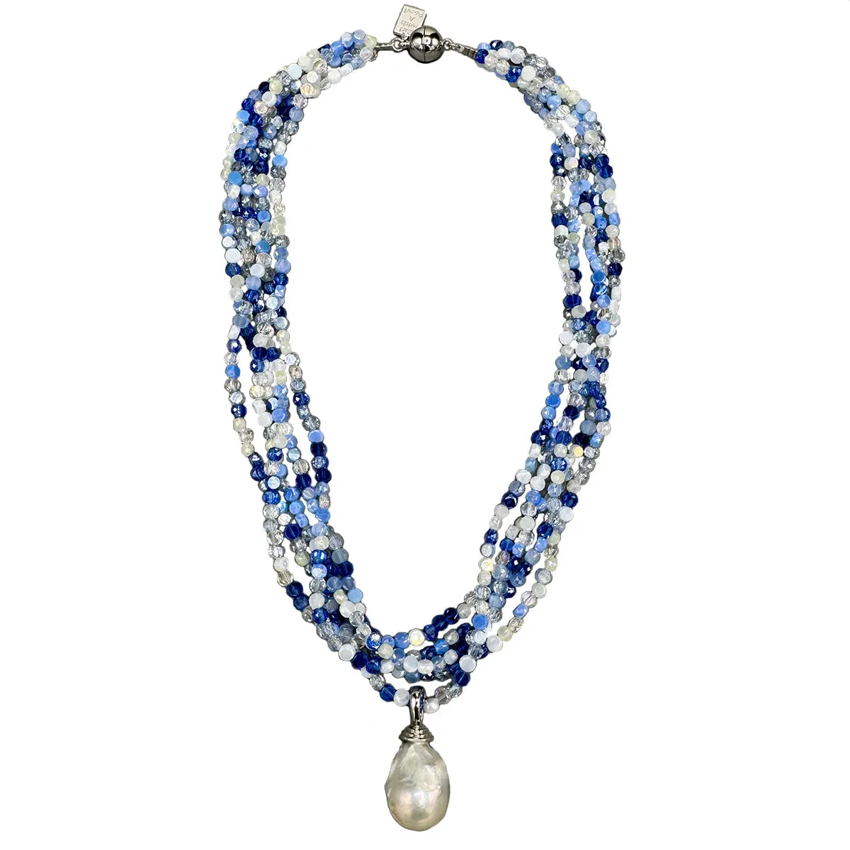191-14-S | 5-STRAND MIX BLUE CRYSTALS W/ WILD PEARL DROP