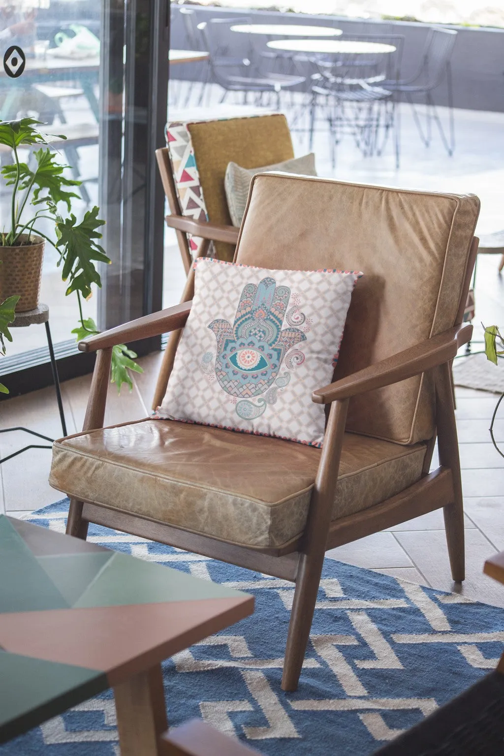 26” Blue Gray Hamsa Indoor Outdoor Zippered Throw Pillow