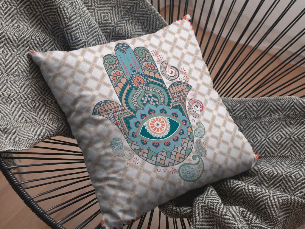 26” Blue Gray Hamsa Indoor Outdoor Zippered Throw Pillow