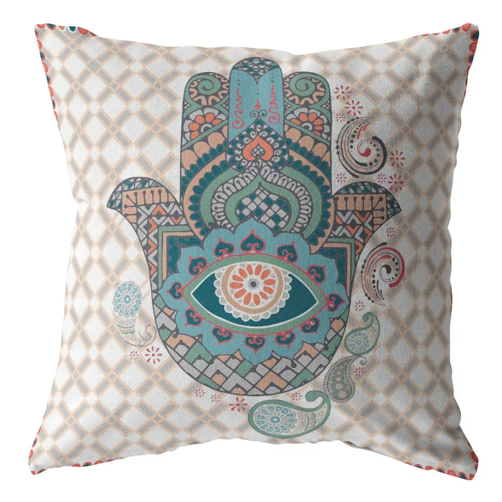 26” Blue Gray Hamsa Indoor Outdoor Zippered Throw Pillow