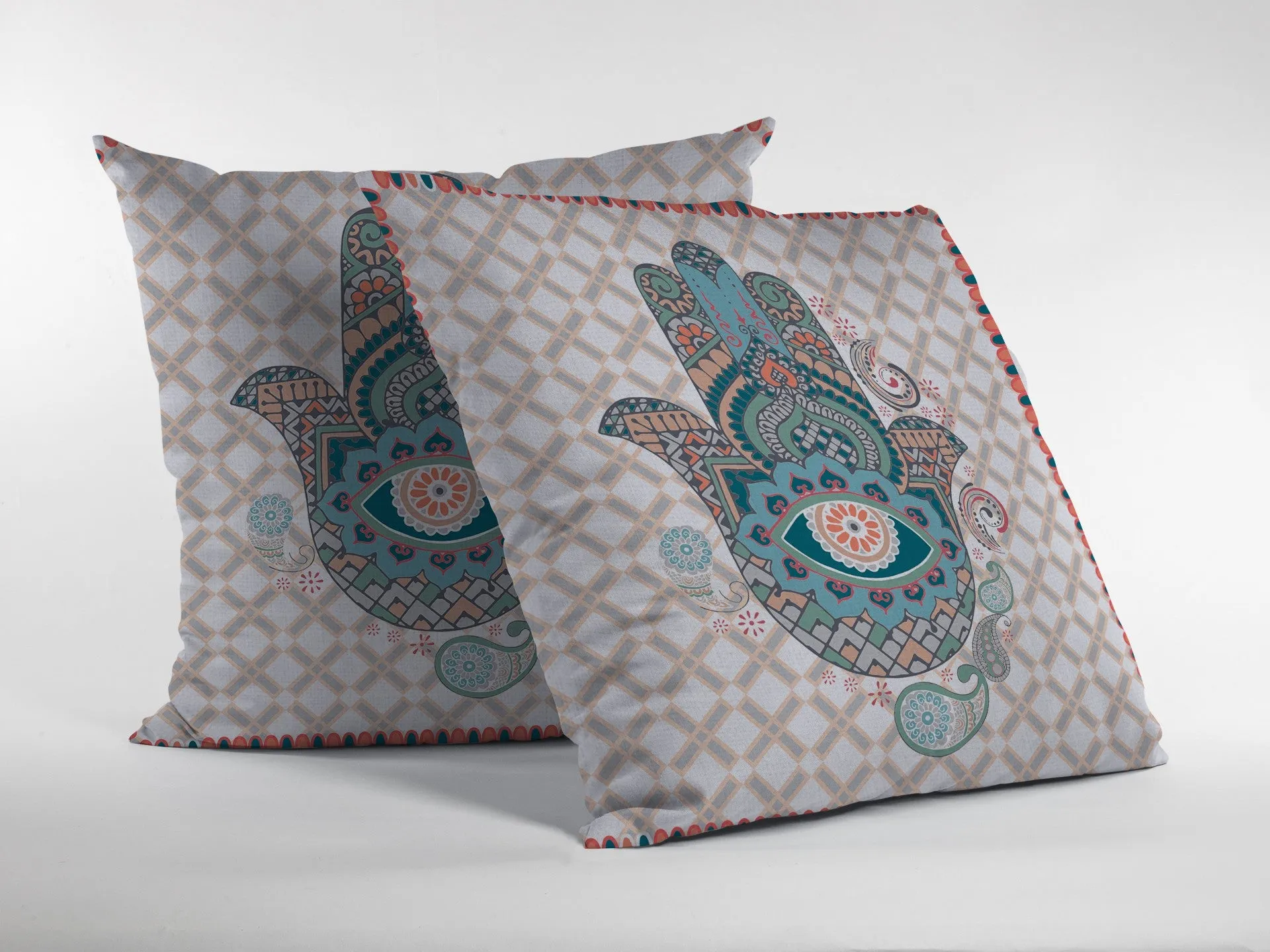 26” Blue Gray Hamsa Indoor Outdoor Zippered Throw Pillow
