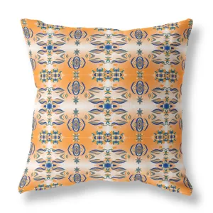 26” Orange Blue Patterned Indoor Outdoor Zippered Throw Pillow