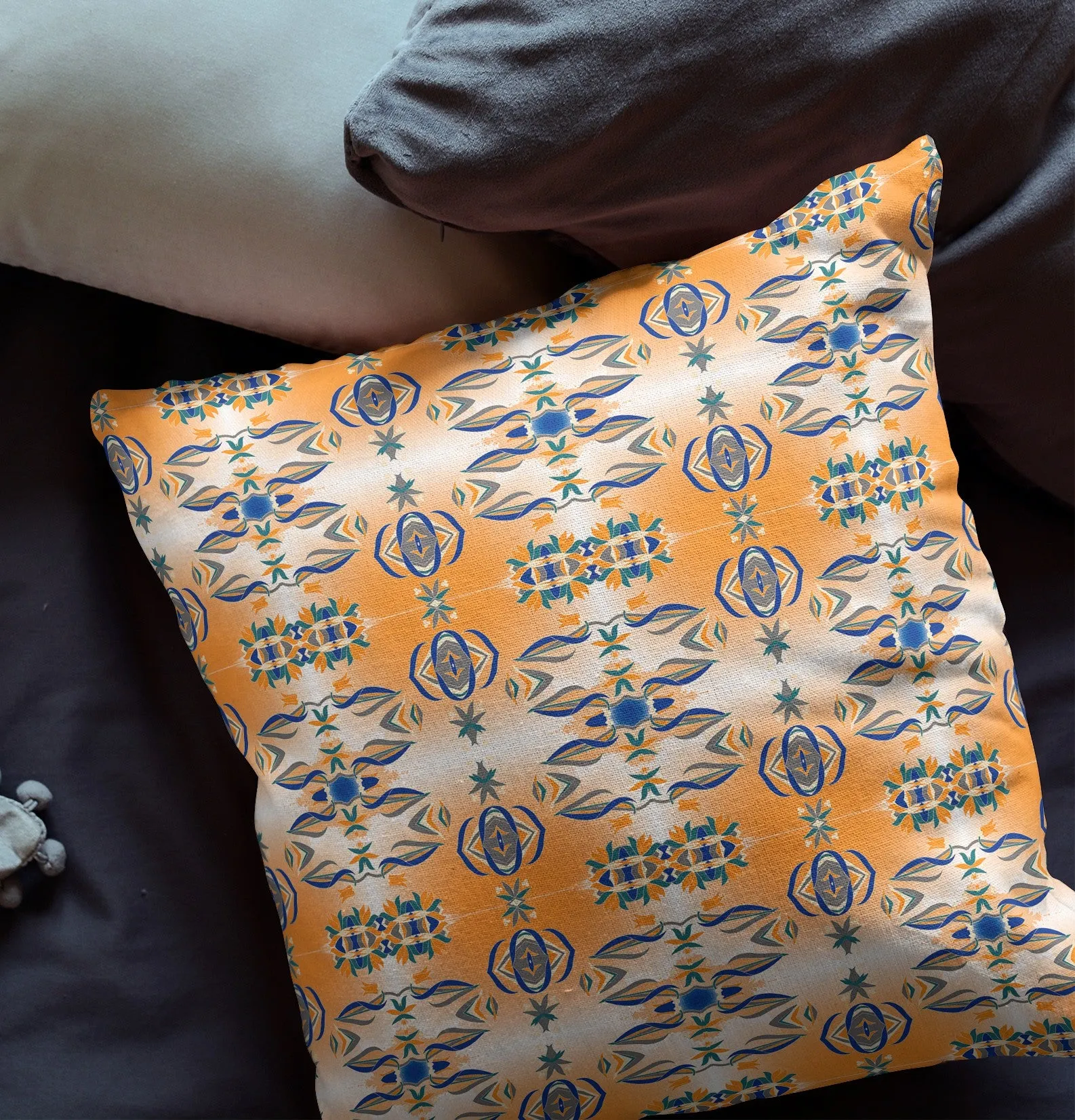 26” Orange Blue Patterned Indoor Outdoor Zippered Throw Pillow