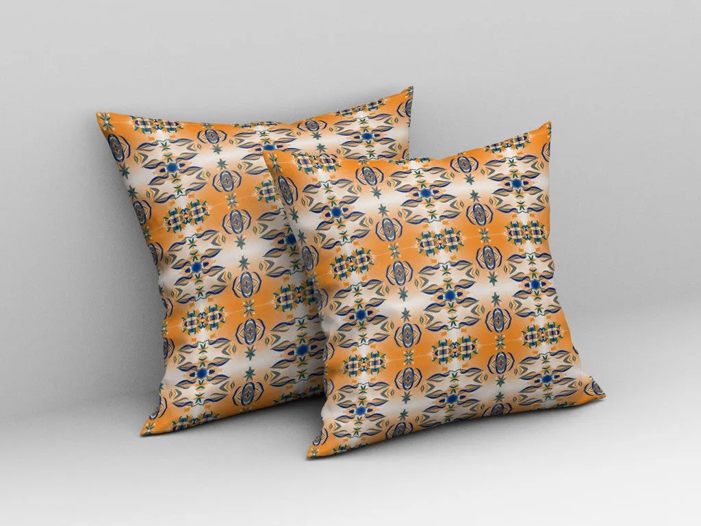 26” Orange Blue Patterned Indoor Outdoor Zippered Throw Pillow