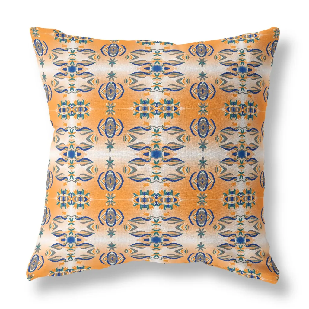 26” Orange Blue Patterned Indoor Outdoor Zippered Throw Pillow