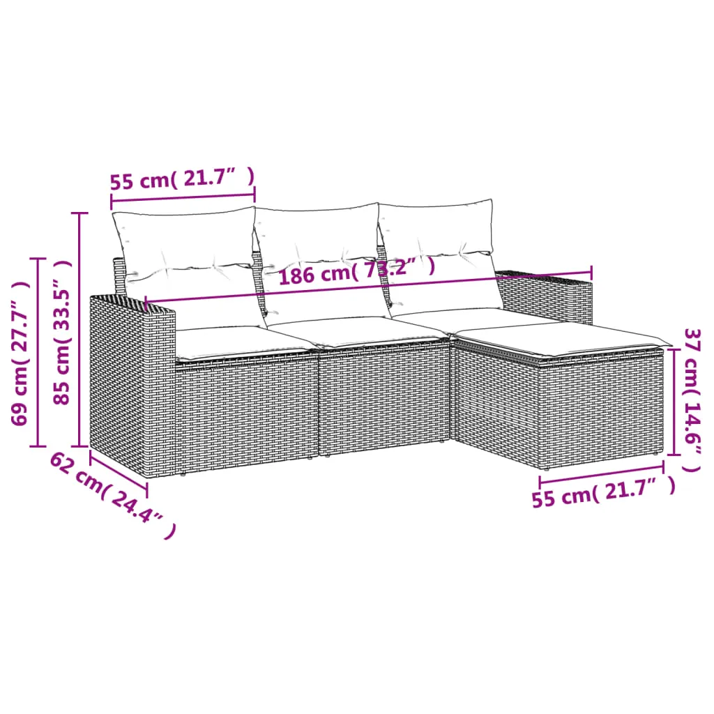4 Piece Patio Sofa Set with Cushions Black Poly Rattan