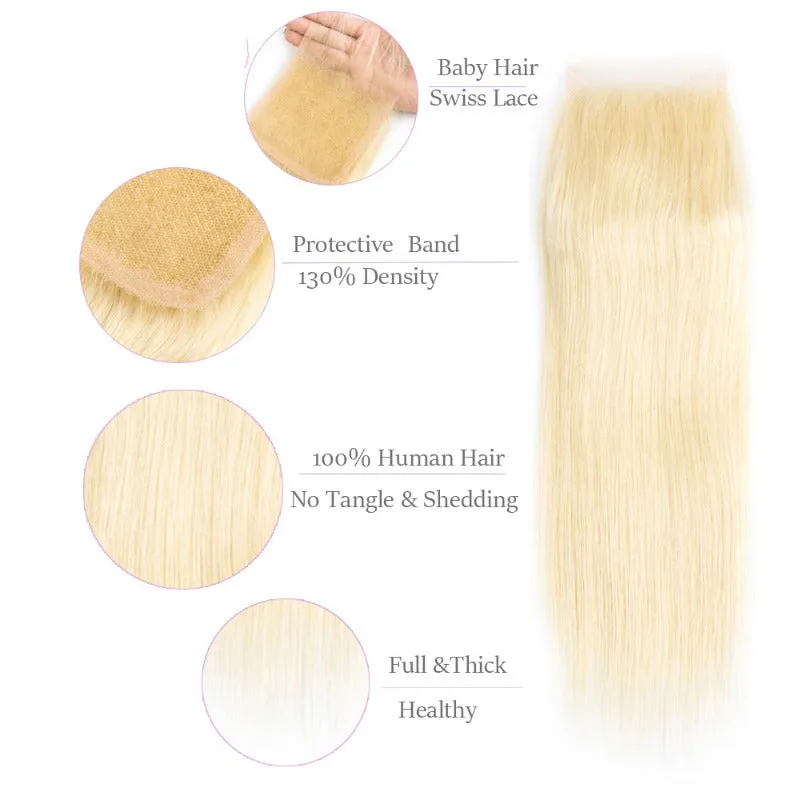 4x4 Transparent Lace Closure Straight 613 Honey Blonde 100 Human Hair Free Part Closure