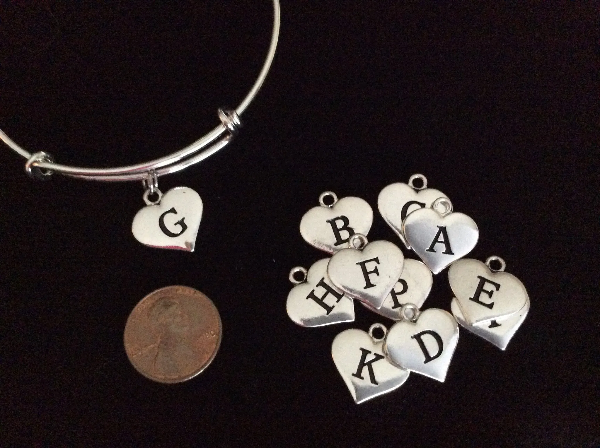 Add A Stamped Heart Letter Initial Charm to an Expandable Adjustable Wire Bangle Bracelet in shop Jules Obsession