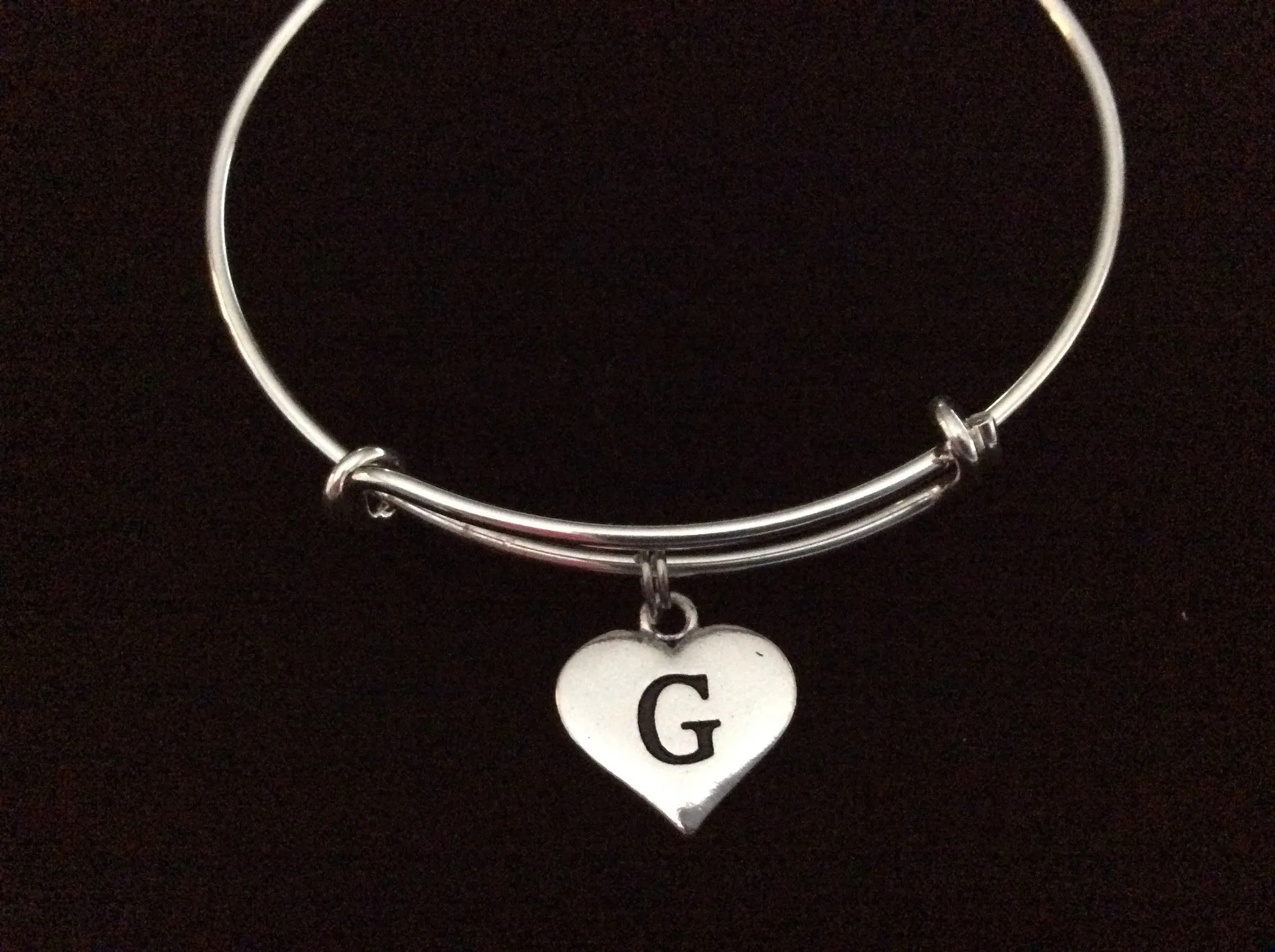 Add A Stamped Heart Letter Initial Charm to an Expandable Adjustable Wire Bangle Bracelet in shop Jules Obsession