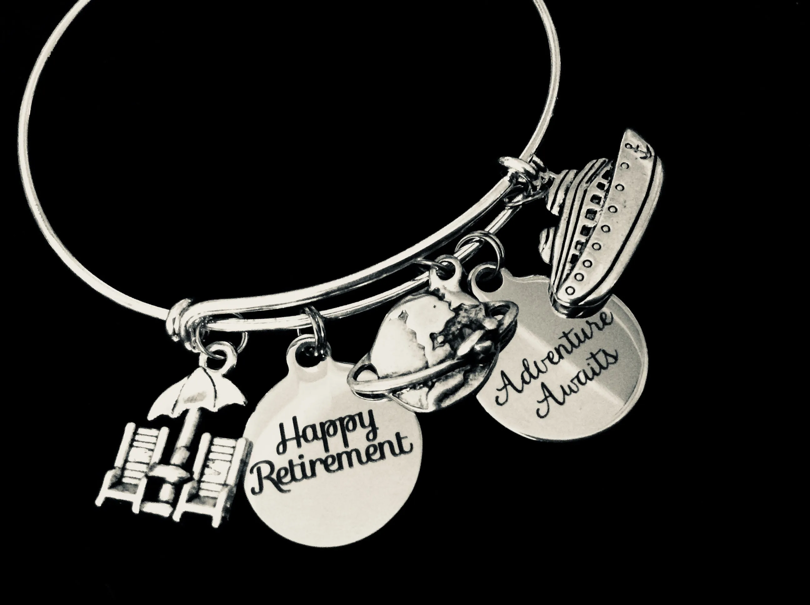 Adventure Awaits Happy Retirement Adjustable Bracelet Expandable Silver Charm Bracelet Adjustable Bangle Office Worker Gift Retire Travel Cruise Plane Beach Chairs