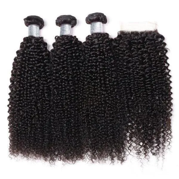 Alipop Hair Kinky Curly 3 Bundles with Lace Closure 100% Unprocessed Brazilian Kinky Curly Hair Weave Bundles Natural Color