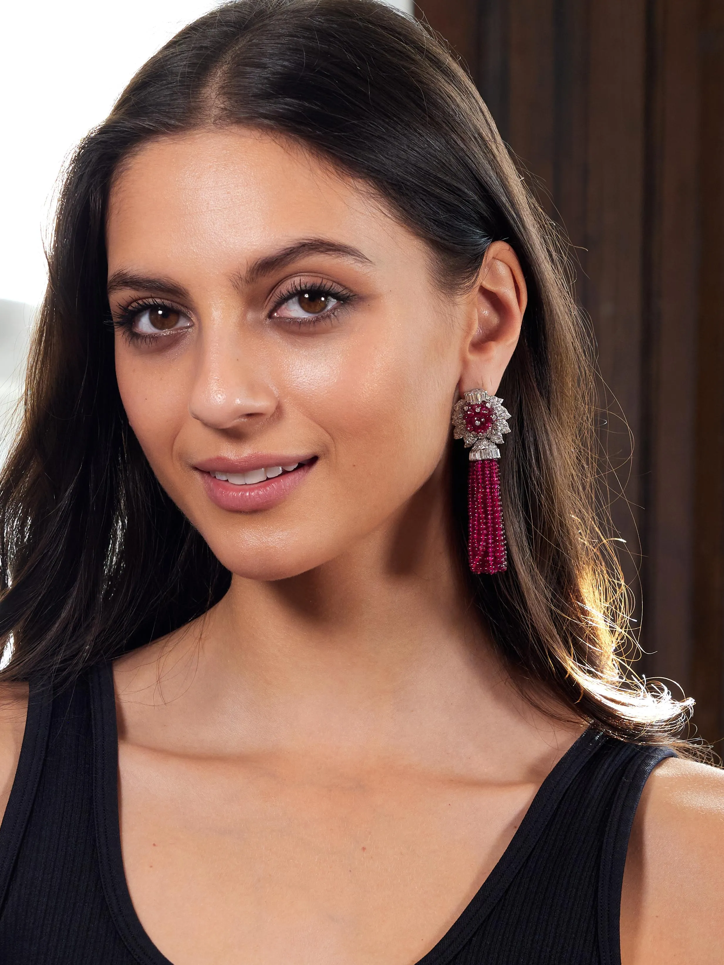 Andrew Clunn 131.96 CTW Diamond Ruby Platinum 18 Karat Gold Vintage Convertible Day Night Tassel Earrings