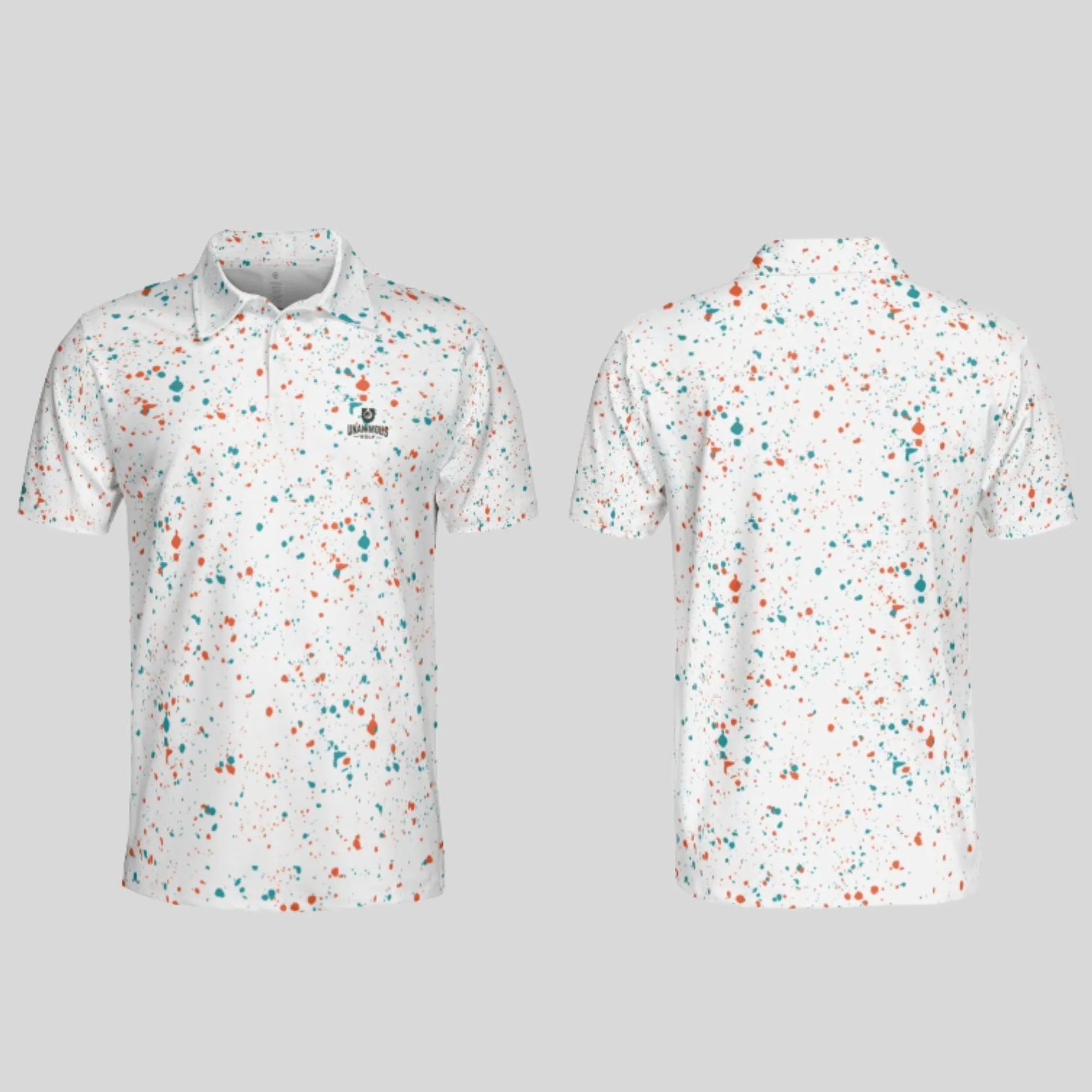 Aqua-orange paint splatter golf polo shirt for men