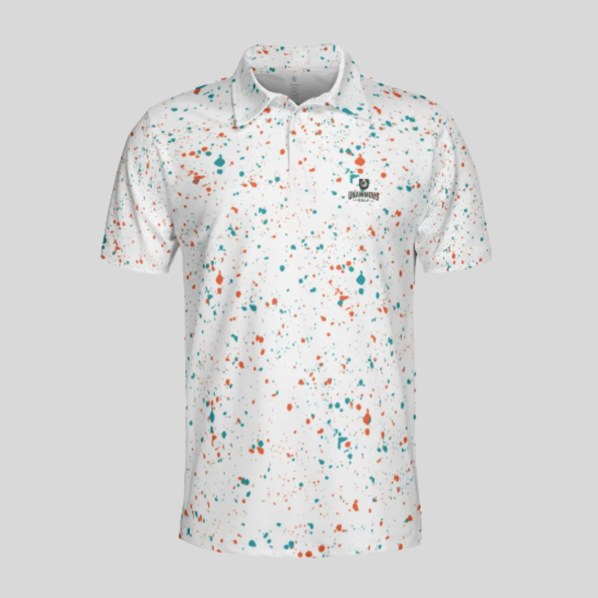 Aqua-orange paint splatter golf polo shirt for men
