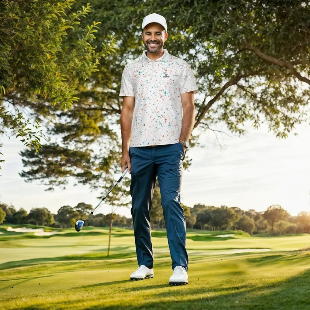 Aqua-orange paint splatter golf polo shirt for men