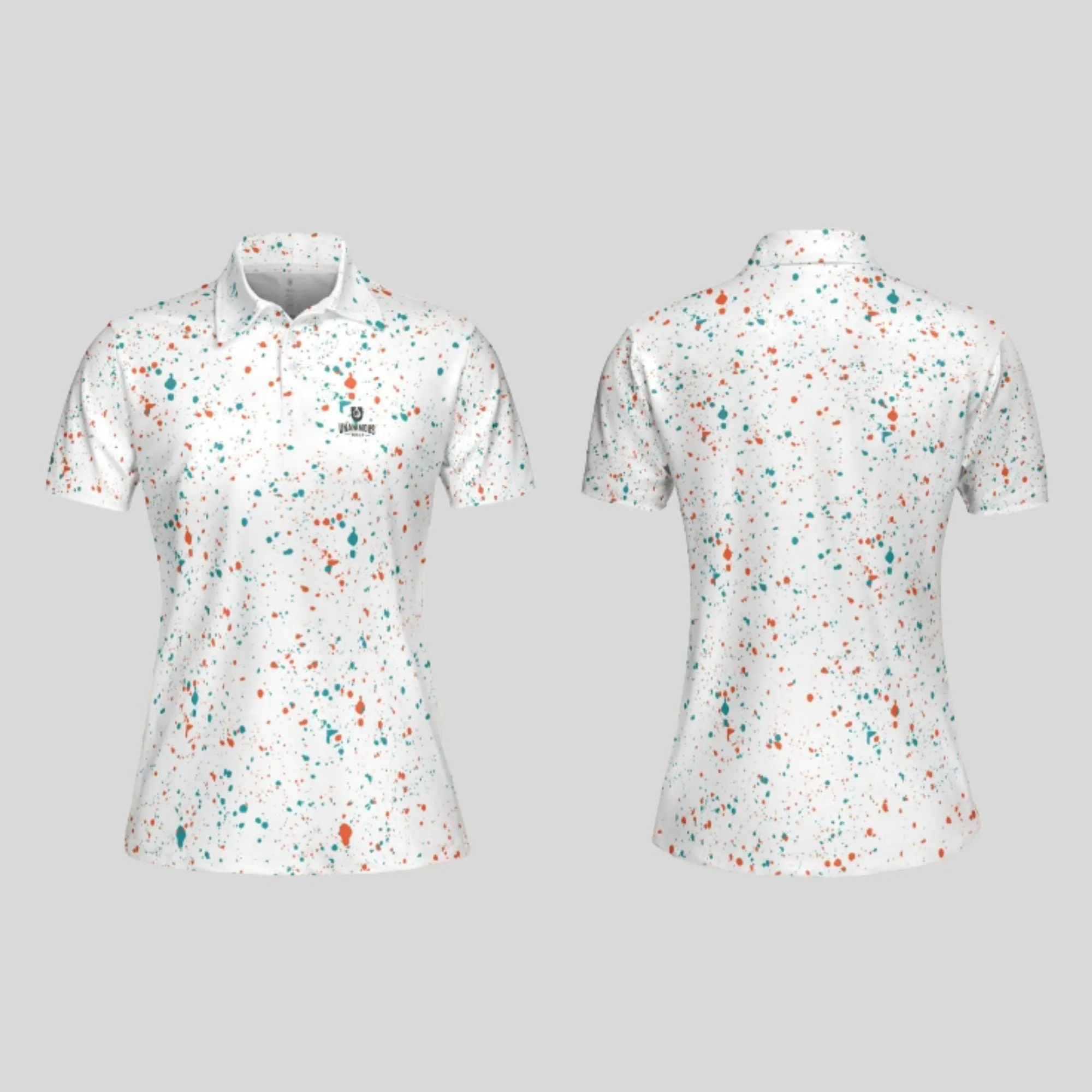 Aqua-orange paint splatter golf polo shirt for women