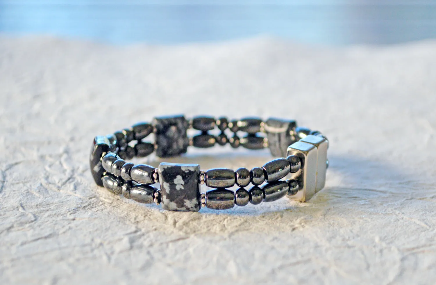 Black Magnetic Bracelet w/ Snowflake Obsidian
