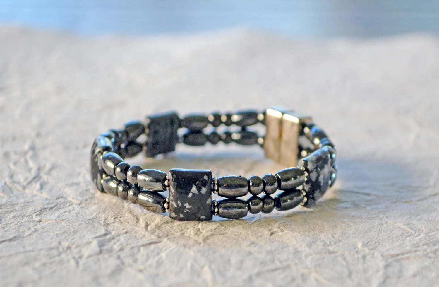 Black Magnetic Bracelet w/ Snowflake Obsidian