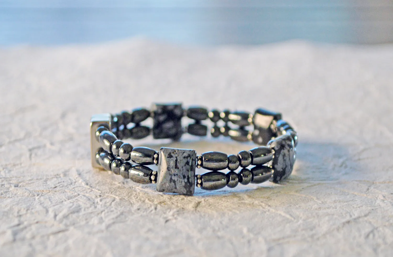 Black Magnetic Bracelet w/ Snowflake Obsidian