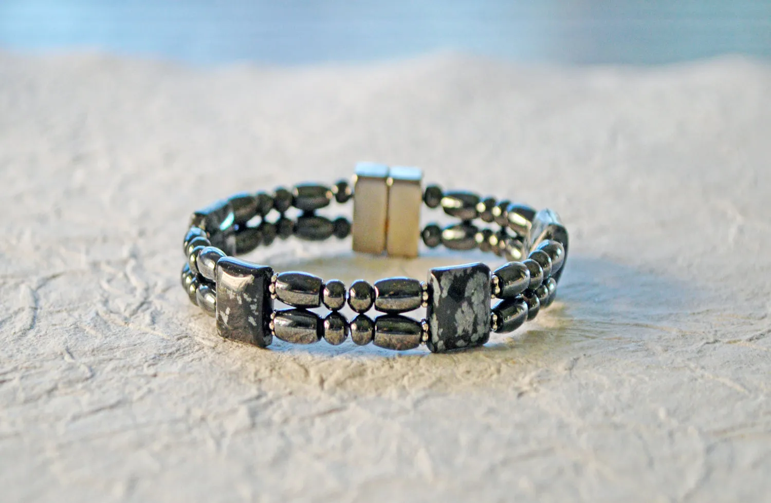 Black Magnetic Bracelet w/ Snowflake Obsidian