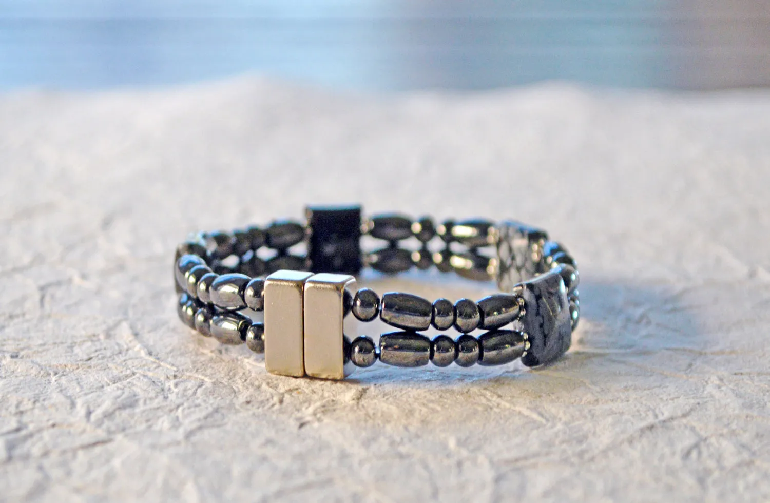 Black Magnetic Bracelet w/ Snowflake Obsidian