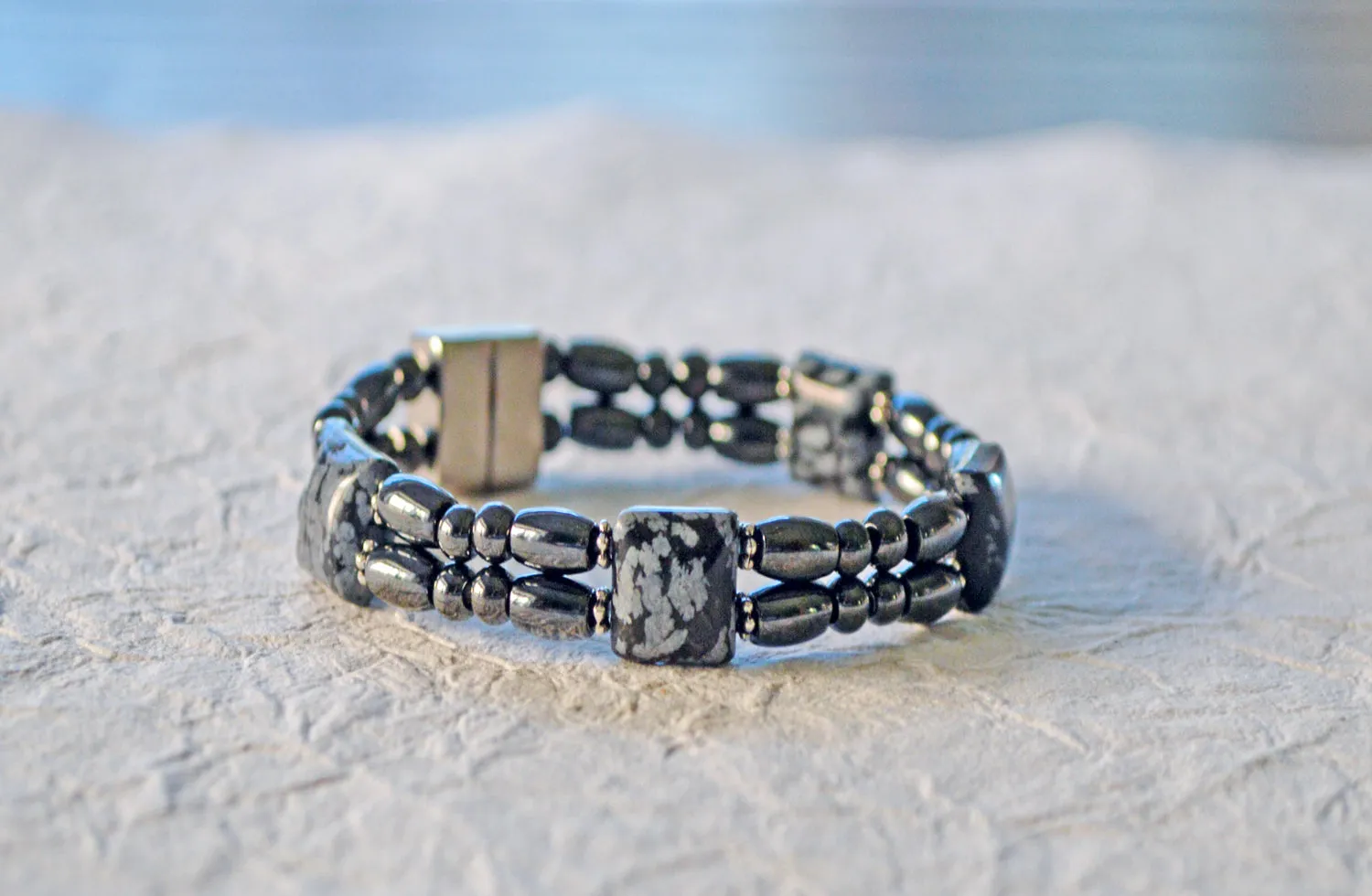 Black Magnetic Bracelet w/ Snowflake Obsidian