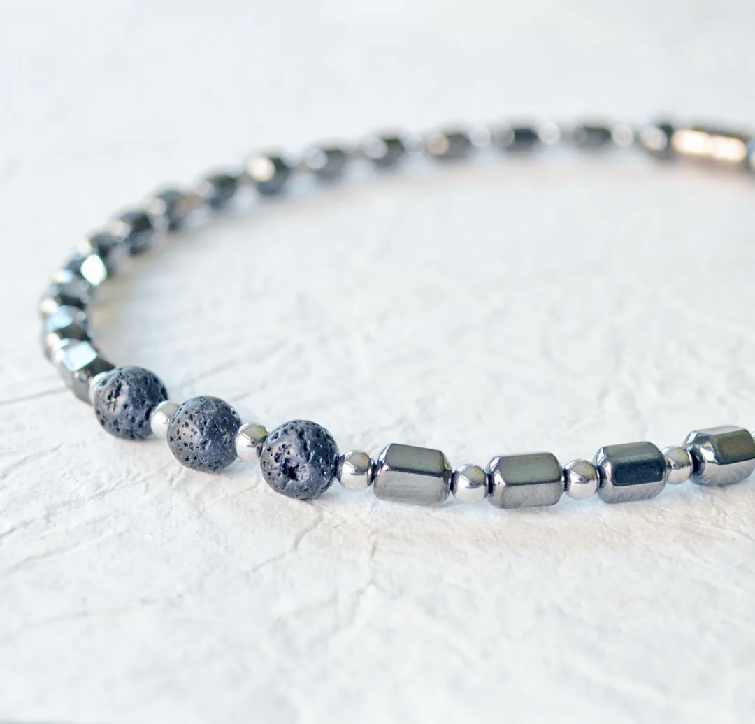 Black/Silver Hematite & Lava Rock Magnetic Necklace