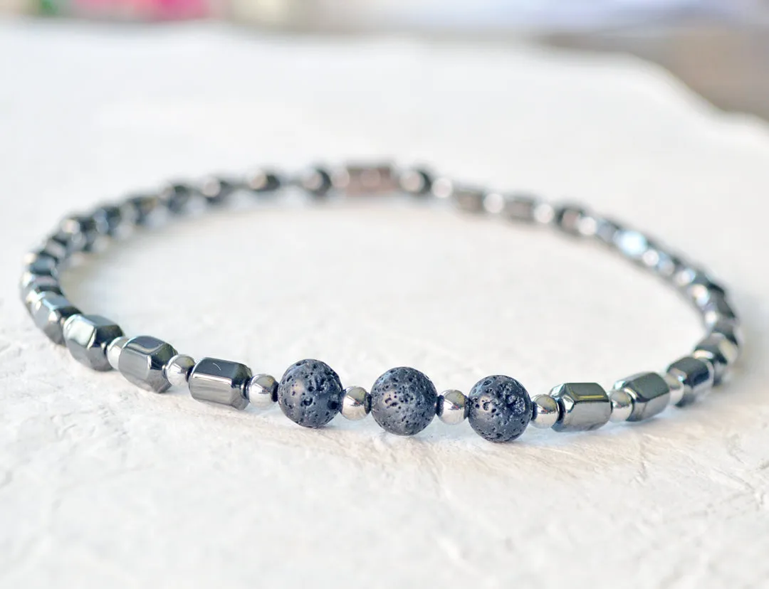 Black/Silver Hematite & Lava Rock Magnetic Necklace