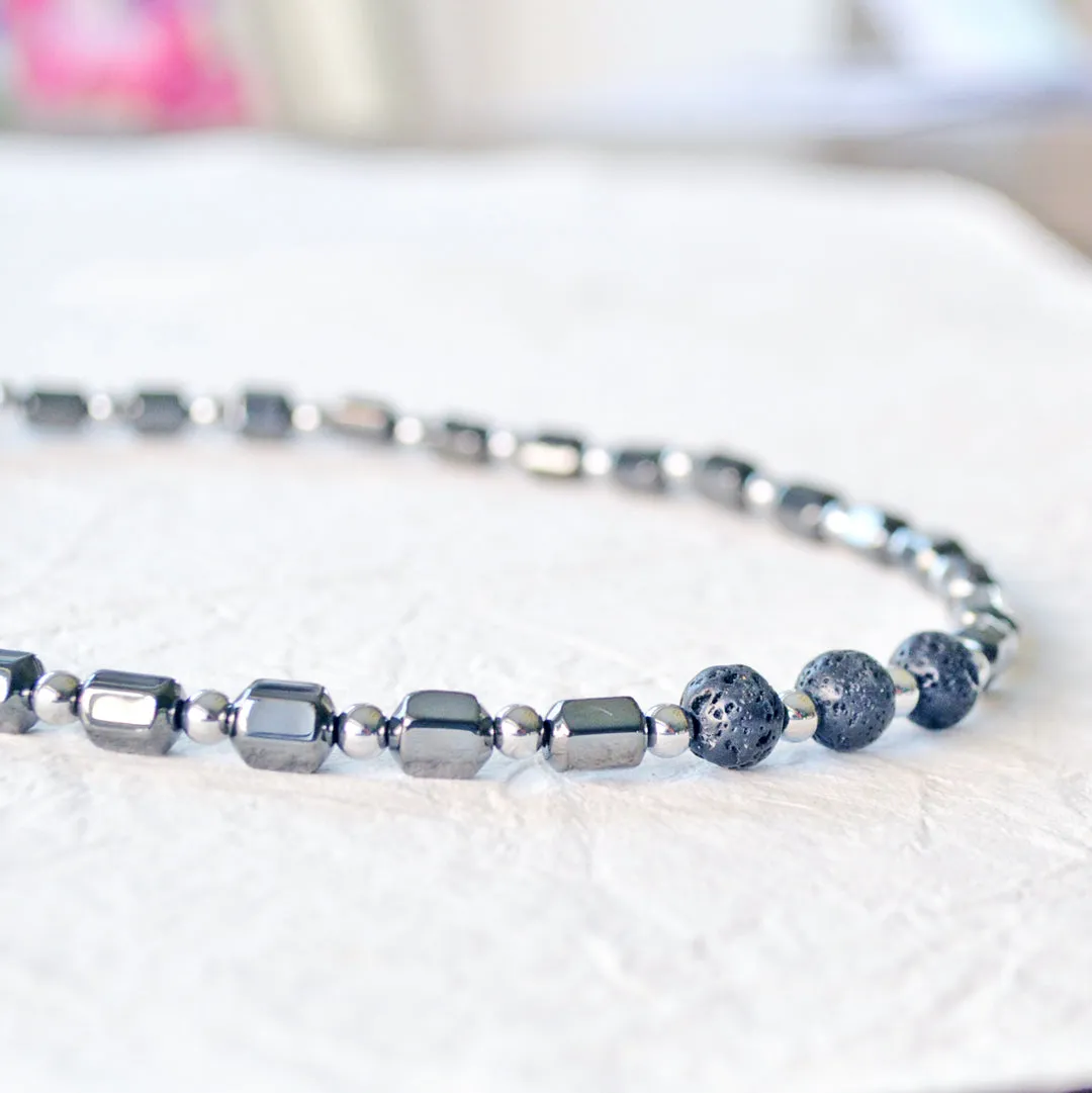 Black/Silver Hematite & Lava Rock Magnetic Necklace
