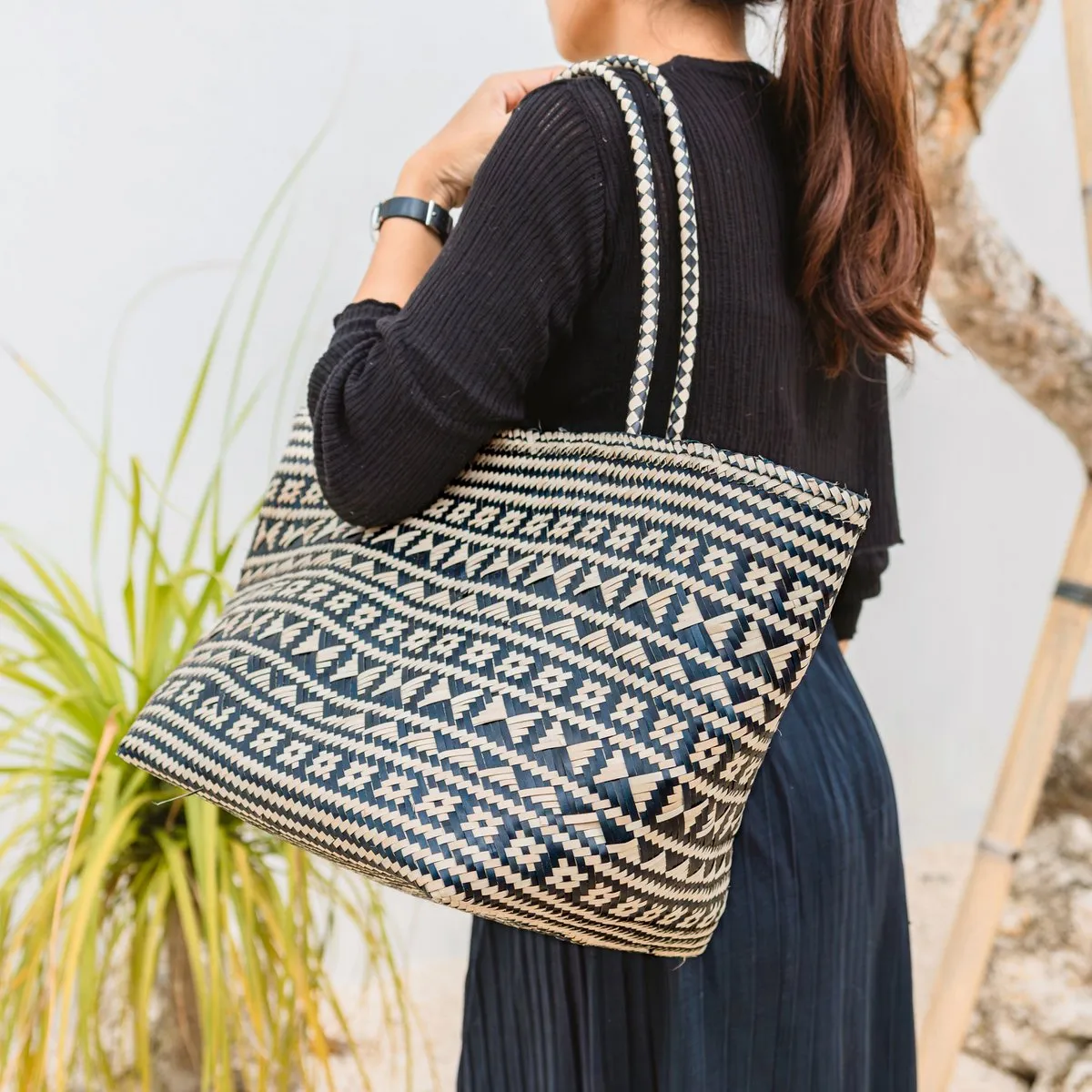 Boho Tote Bag – Seagrass Summer Bag – Shoulder Beach Bag – Woven Natural Bag – Large Boho Shopping Bag KIDUL (black)