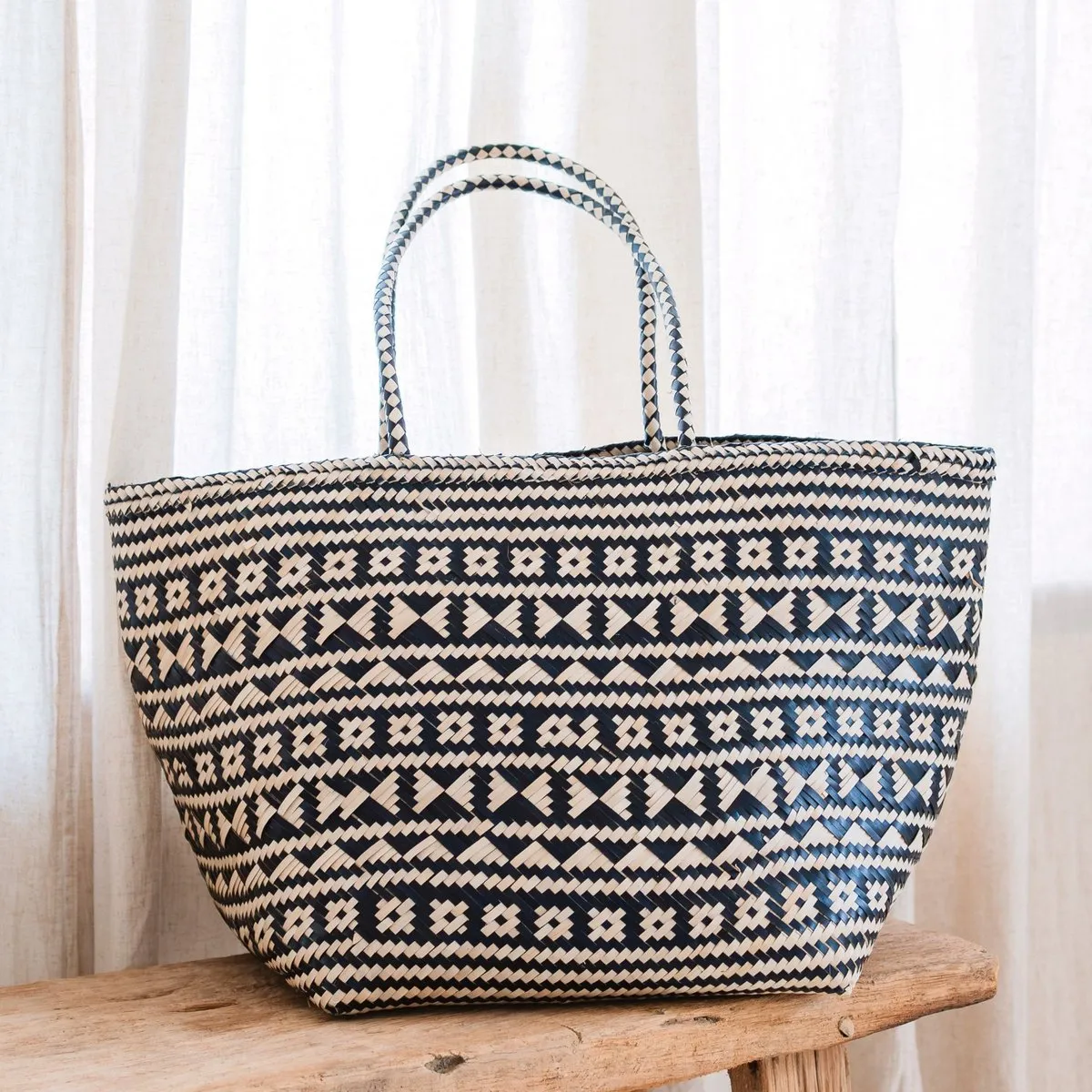 Boho Tote Bag – Seagrass Summer Bag – Shoulder Beach Bag – Woven Natural Bag – Large Boho Shopping Bag KIDUL (black)