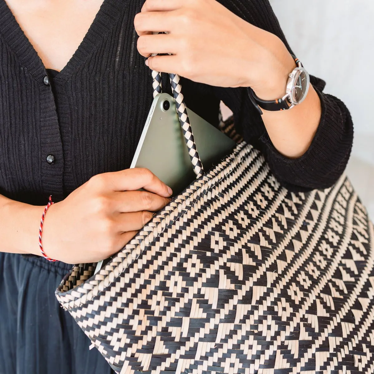 Boho Tote Bag – Seagrass Summer Bag – Shoulder Beach Bag – Woven Natural Bag – Large Boho Shopping Bag KIDUL (black)