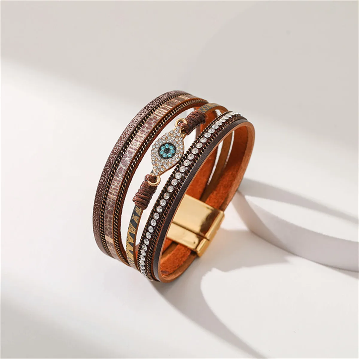 Brown Polystyrene & Cubic Zirconia 18K Gold-Plated Eye Layered Bracelet