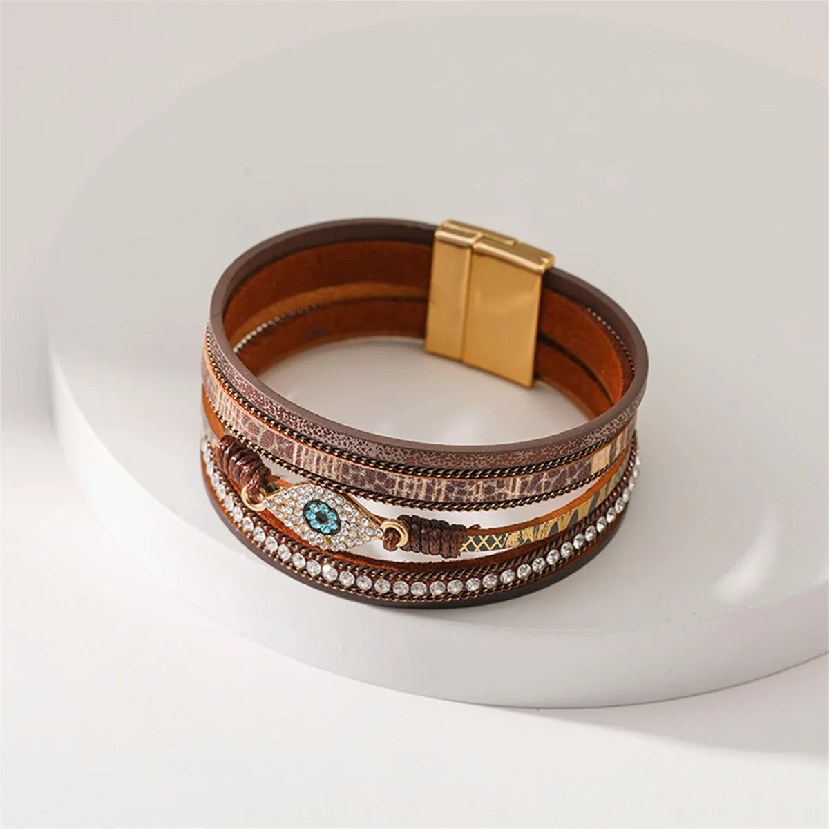 Brown Polystyrene & Cubic Zirconia 18K Gold-Plated Eye Layered Bracelet