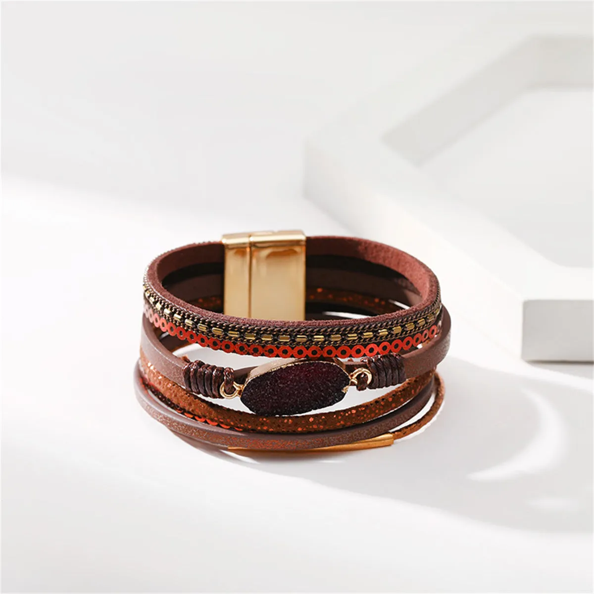 Brown Polystyrene & Resin 18K Gold-Plated Multi-Strand Bracelet