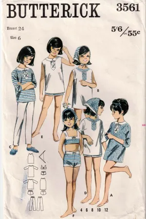 Butterick 3561 Toddler Girls Summer Beach Wardrobe 1960s Vintage Sewing Pattern Size 6 UNUSED Factory Folded