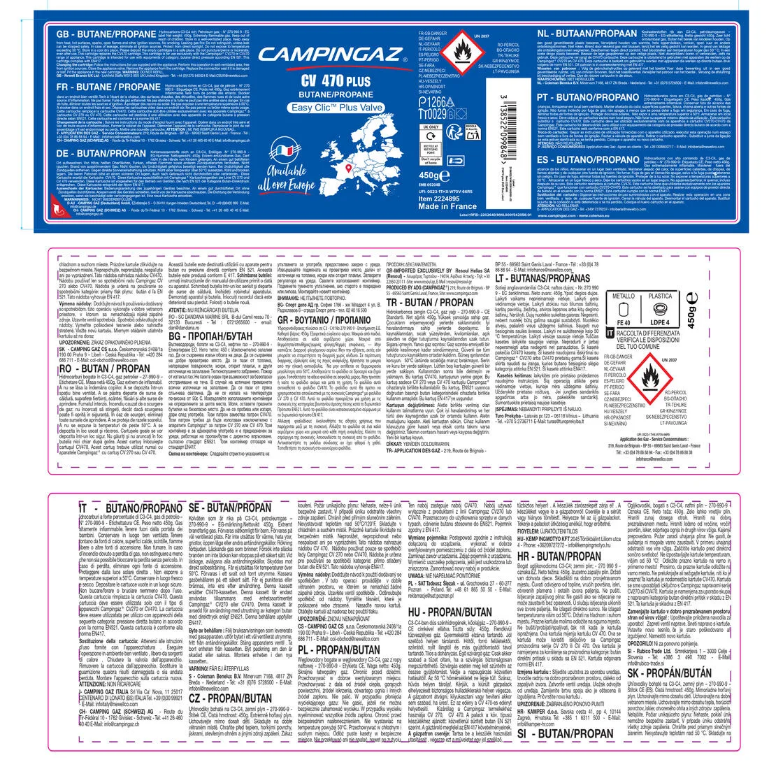 Cartouche de gaz à valve CV470   pour réchaud (450 grammes)