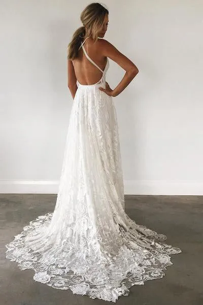 Charming Ivory Lace A Line Spaghetti Straps Backless Side Slit Beach Wedding Dresses