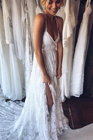 Charming Ivory Lace A Line Spaghetti Straps Backless Side Slit Beach Wedding Dresses