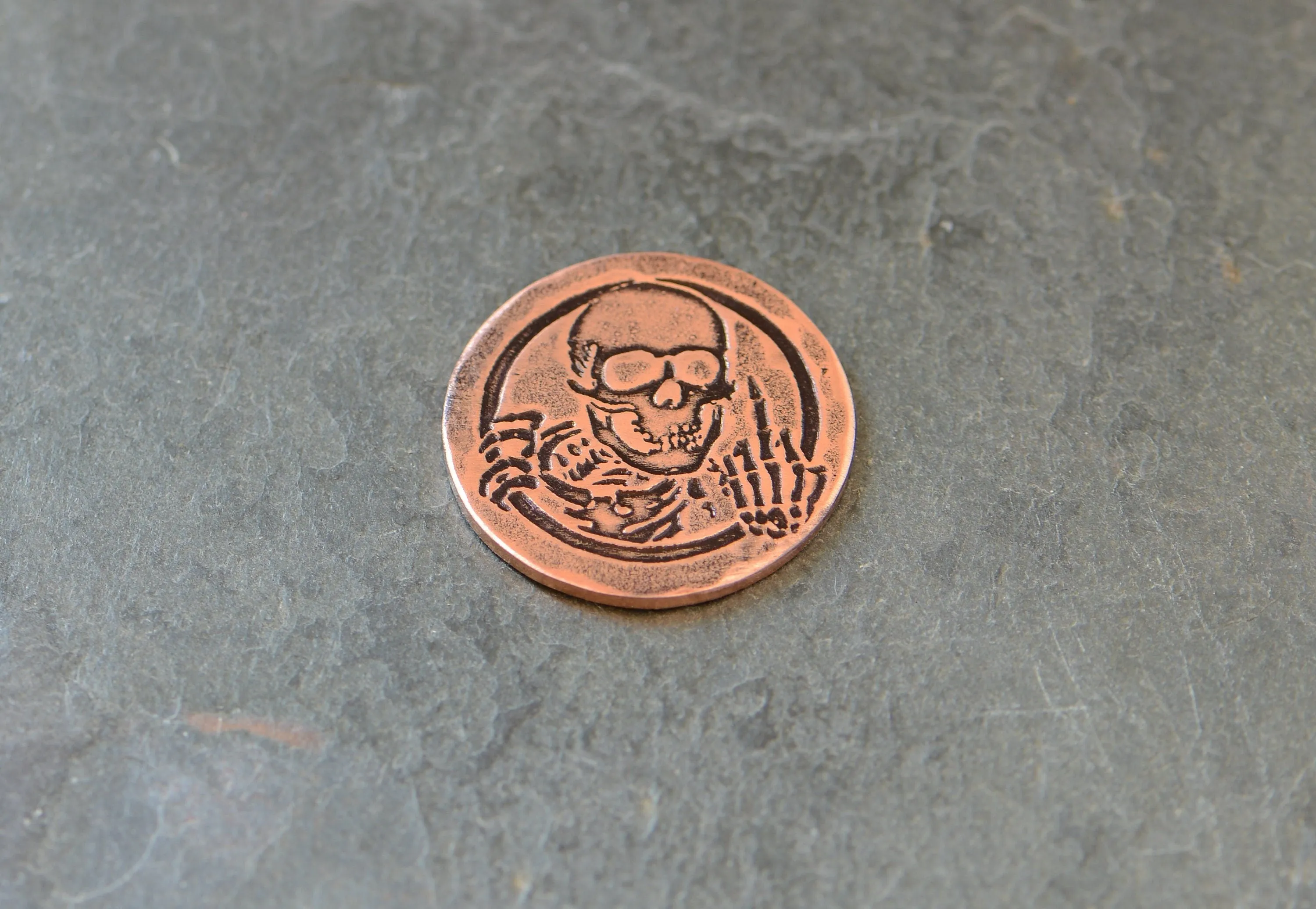 copper golf ball marker with skeleton and middle finger - Lottery scratcher - copper token - flipping the bird