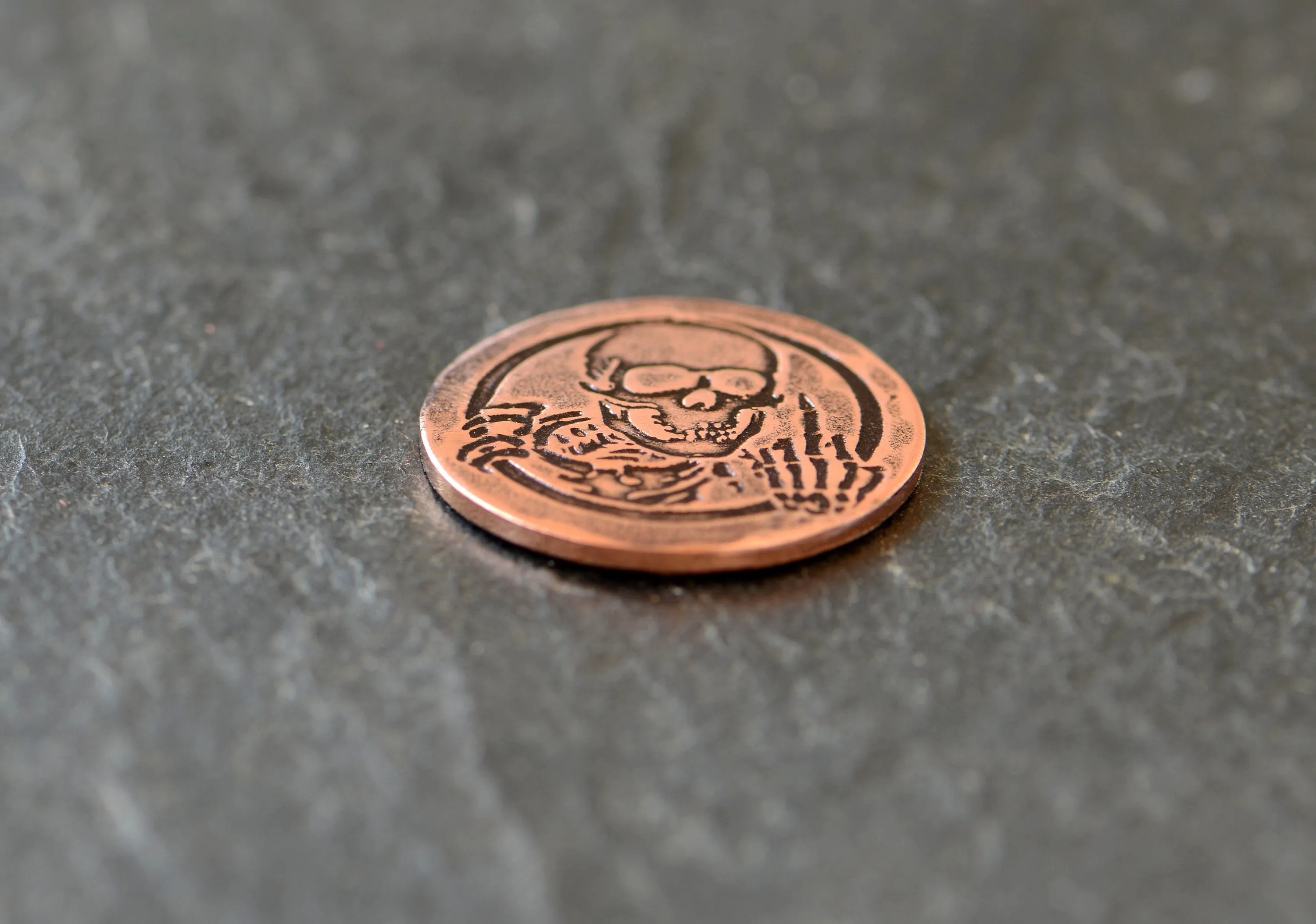 copper golf ball marker with skeleton and middle finger - Lottery scratcher - copper token - flipping the bird