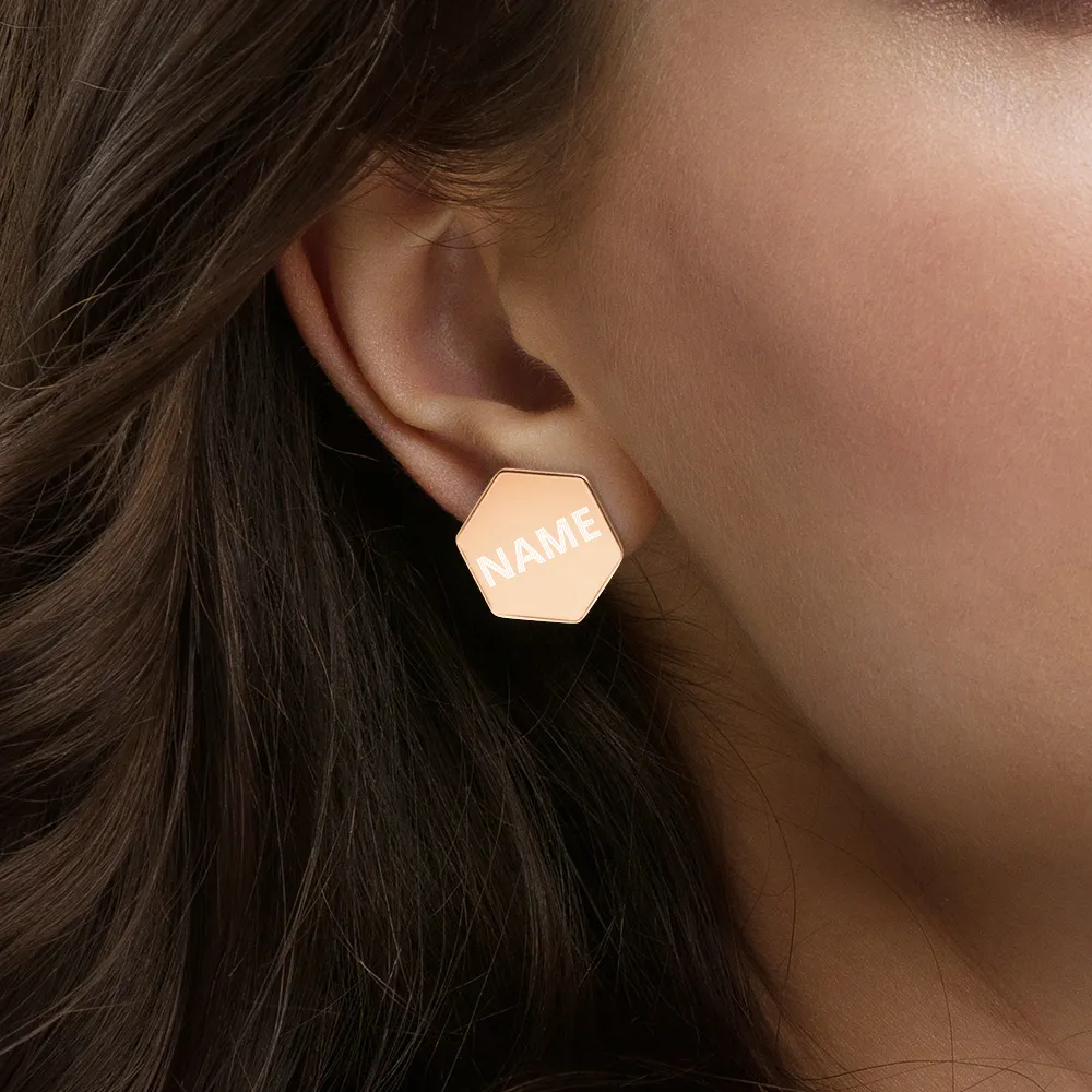 Custom Name Sterling Silver Hexagon Stud Earrings