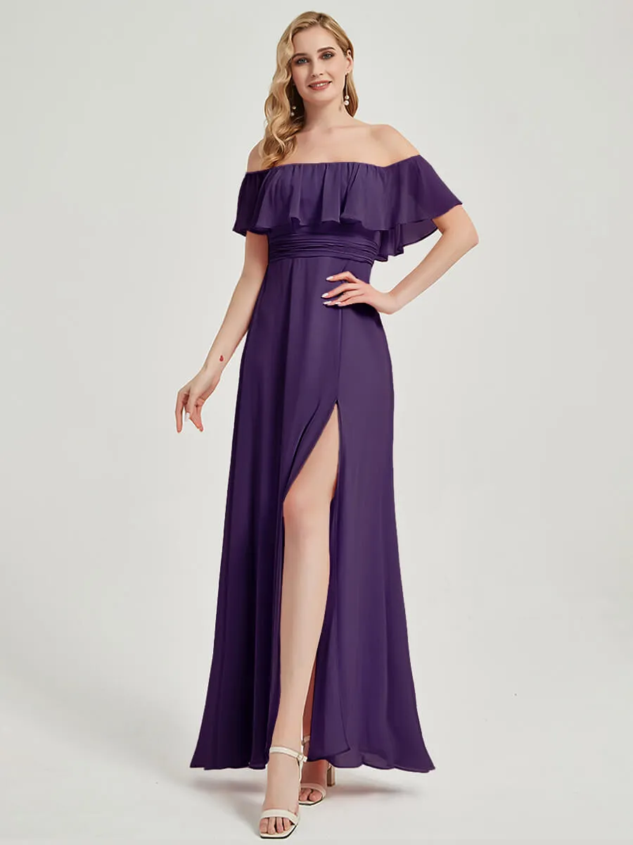 Dark Purple Convertible Ruffle Sleeves Chiffon Maxi Bridesmaid Dress