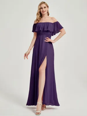 Dark Purple Convertible Ruffle Sleeves Chiffon Maxi Bridesmaid Dress