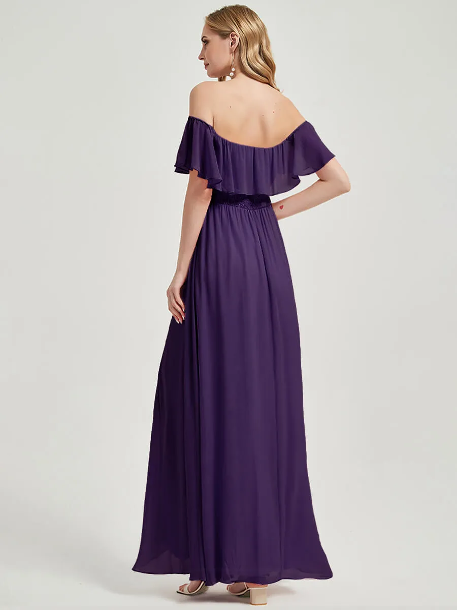 Dark Purple Convertible Ruffle Sleeves Chiffon Maxi Bridesmaid Dress