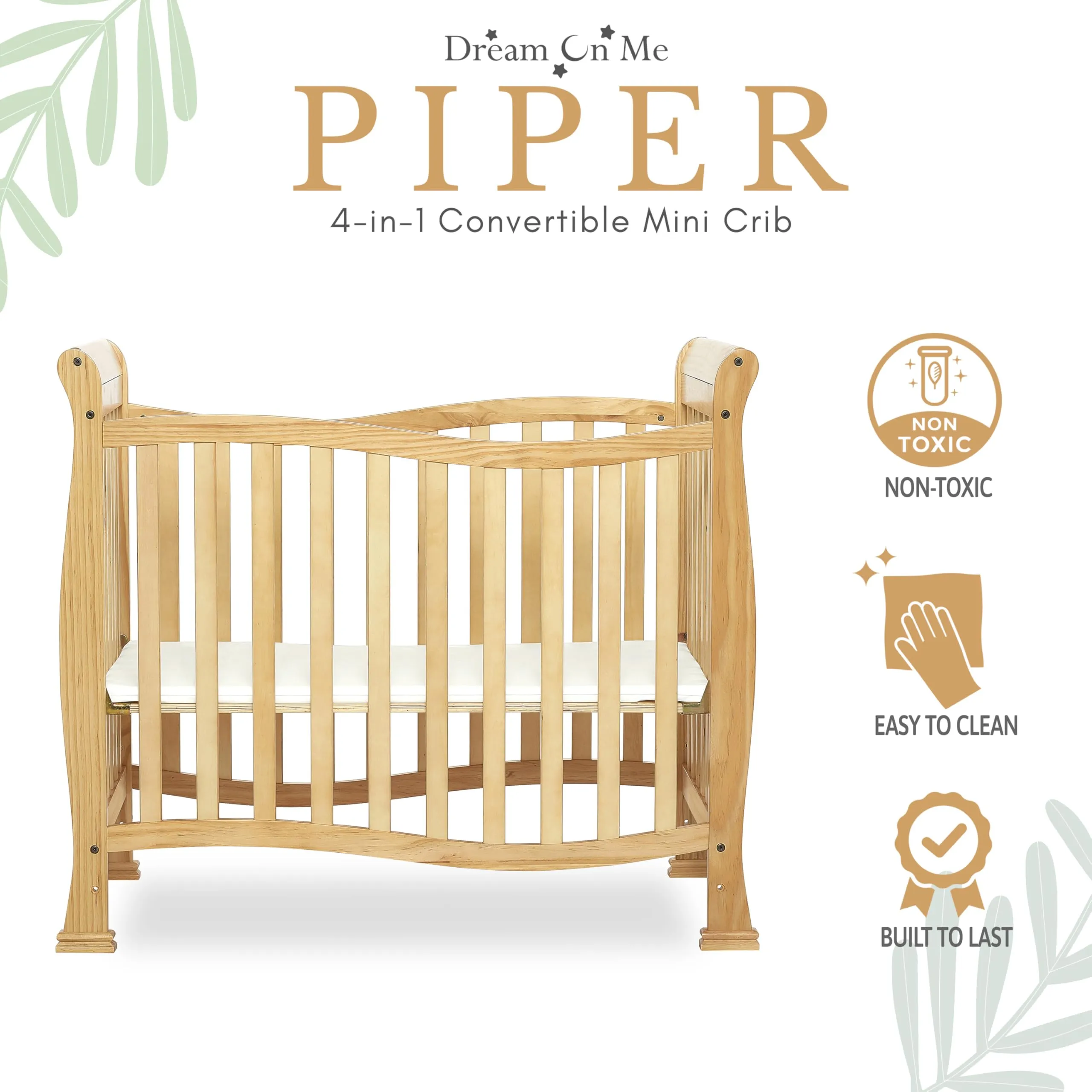 Dream On Me Violet 4-In-1 Convertible Mini Crib In Natural, Greenguard Gold Certified, JPMA Certified, 3 Position Mattress Height Settings, Non-Toxic Finish