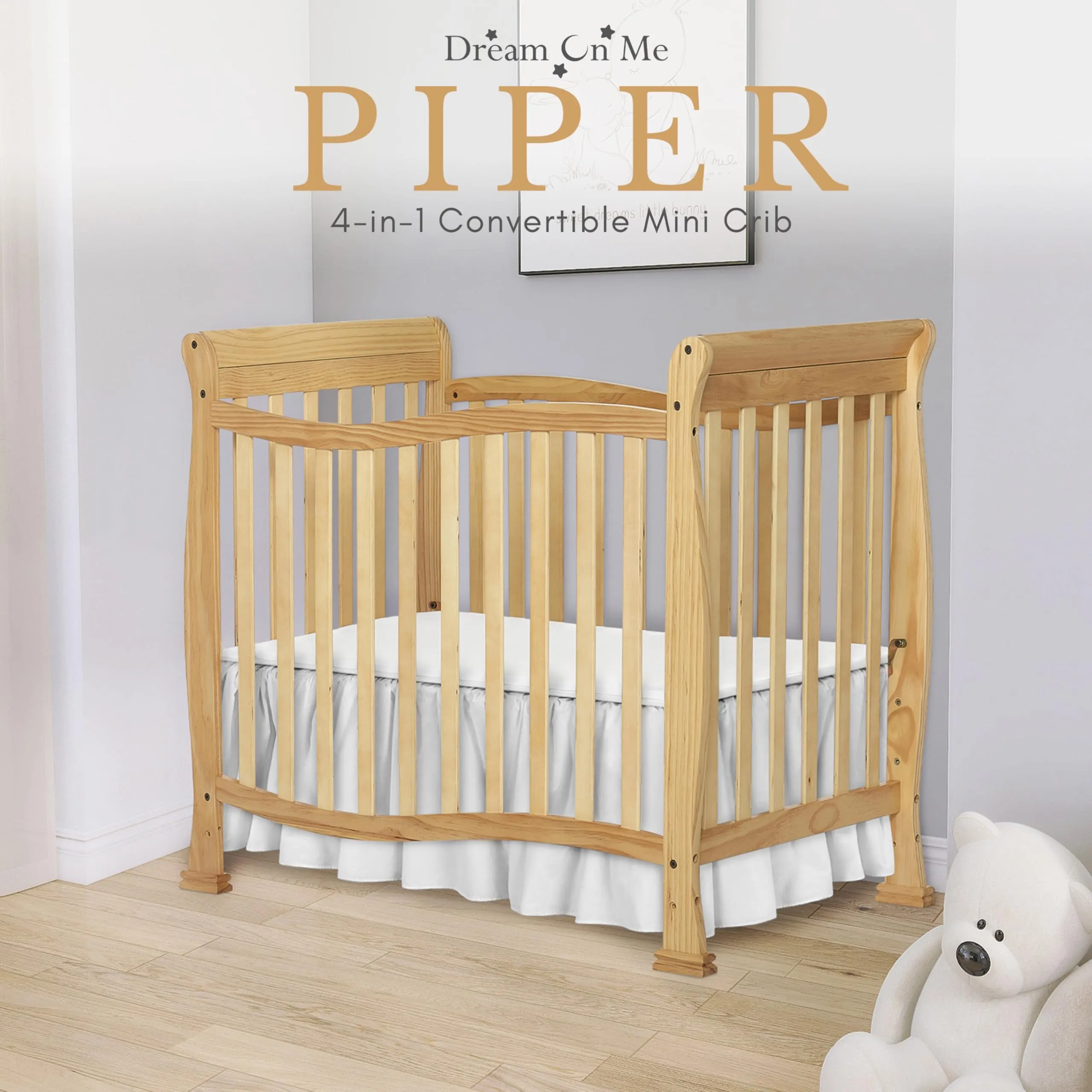 Dream On Me Violet 4-In-1 Convertible Mini Crib In Natural, Greenguard Gold Certified, JPMA Certified, 3 Position Mattress Height Settings, Non-Toxic Finish