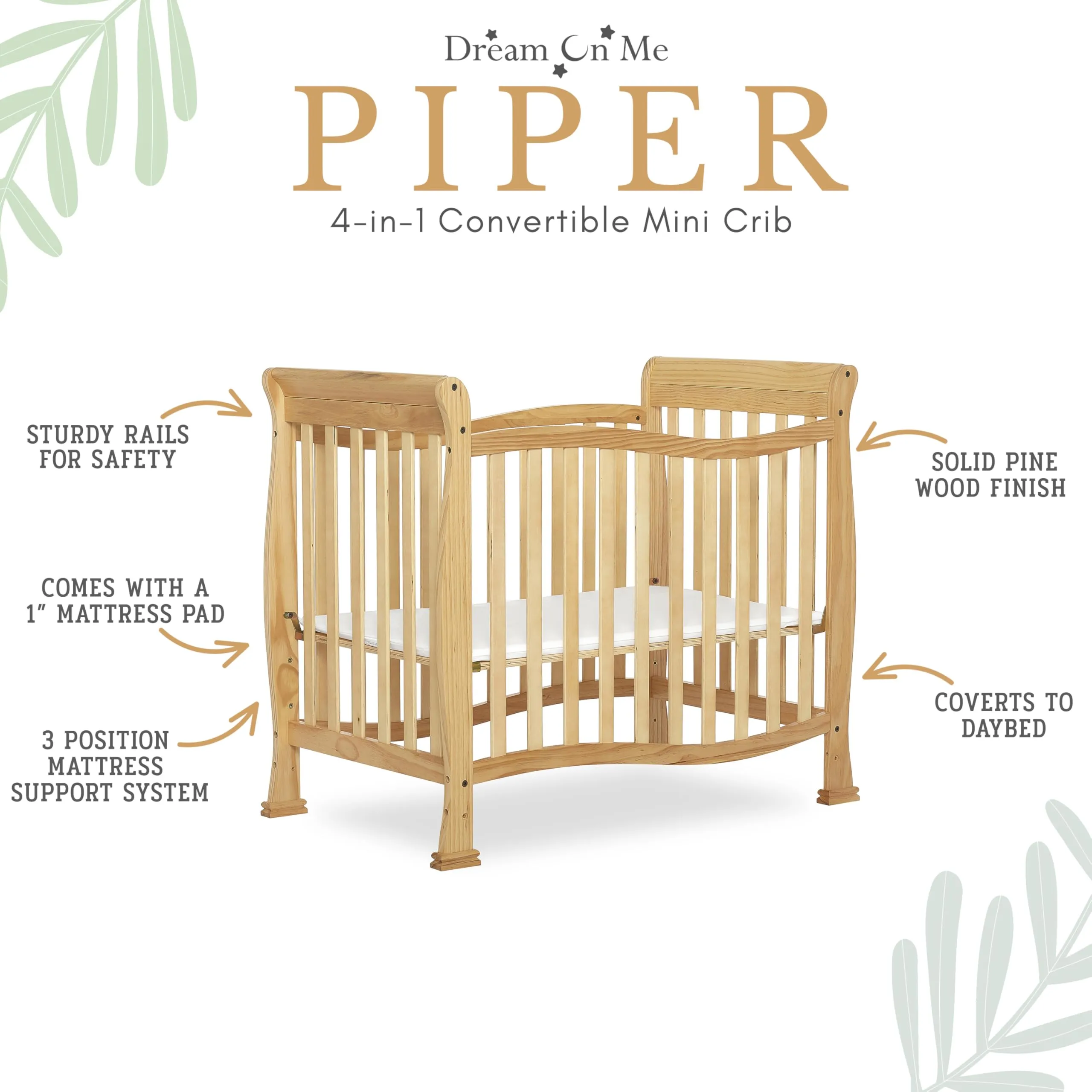 Dream On Me Violet 4-In-1 Convertible Mini Crib In Natural, Greenguard Gold Certified, JPMA Certified, 3 Position Mattress Height Settings, Non-Toxic Finish