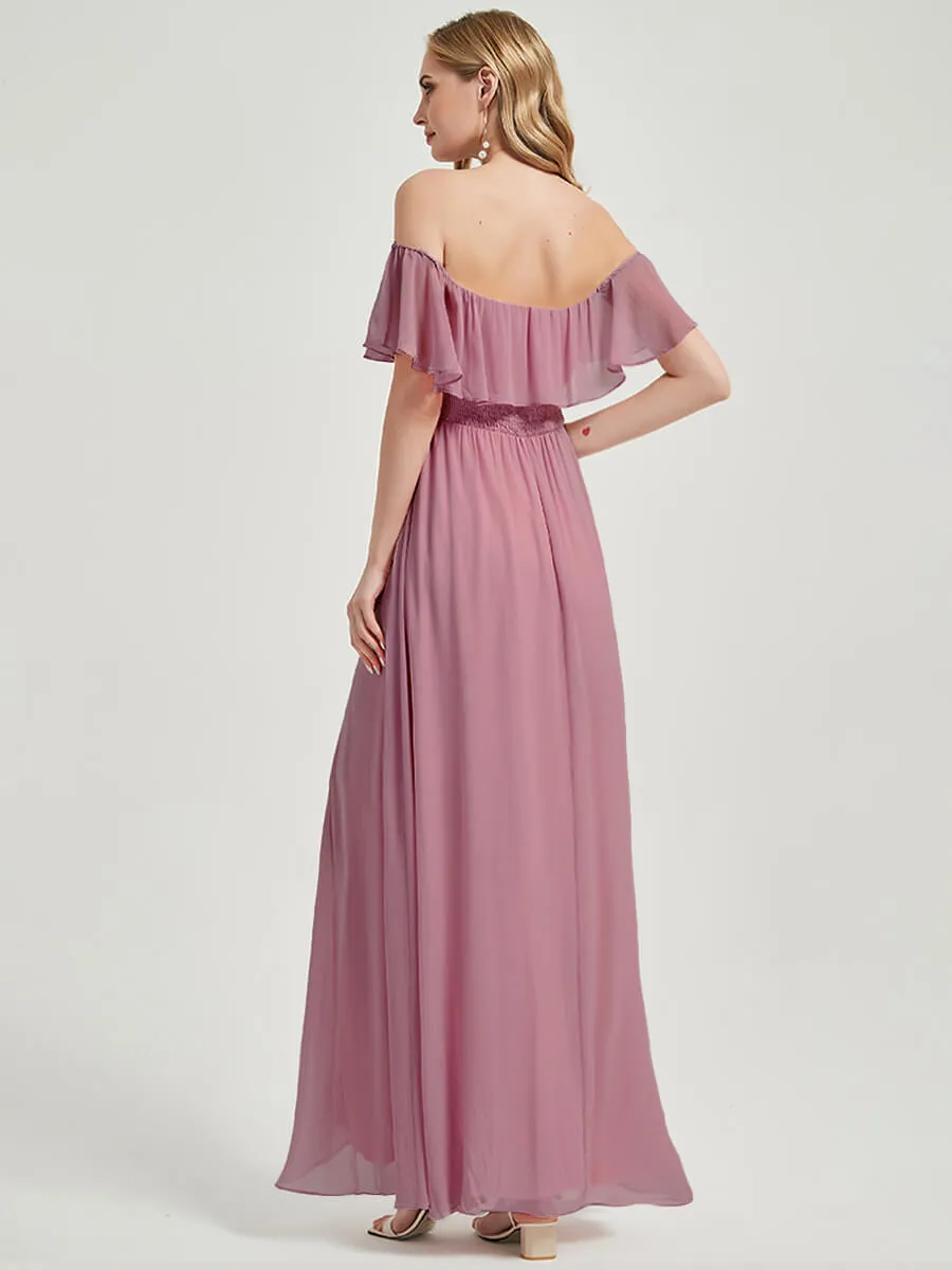 Dusty Rose Convertible Ruffle Sleeves Chiffon Maxi Bridesmaid Dresses